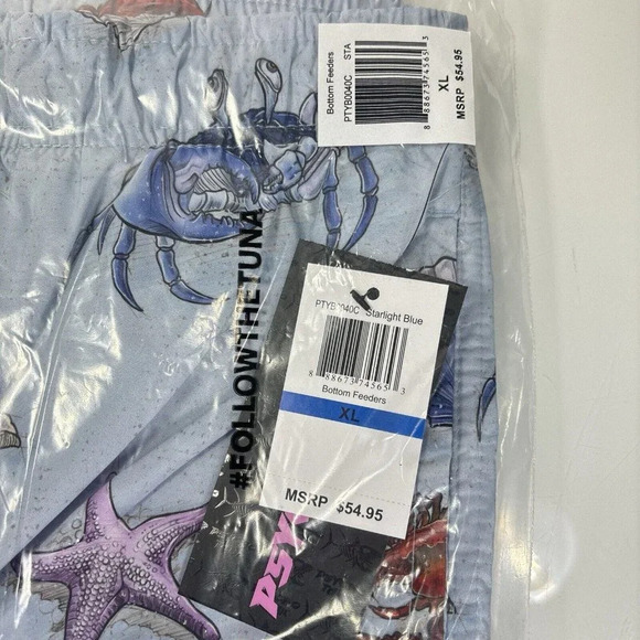 Psycho Tuna Blue Bottom Feeders Seashell Crab Beach Swim Trunks Size XL NWT - Picture 3 of 4